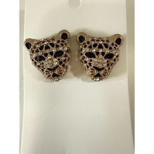 Vintage Rhinestone Leopard Head Earrings